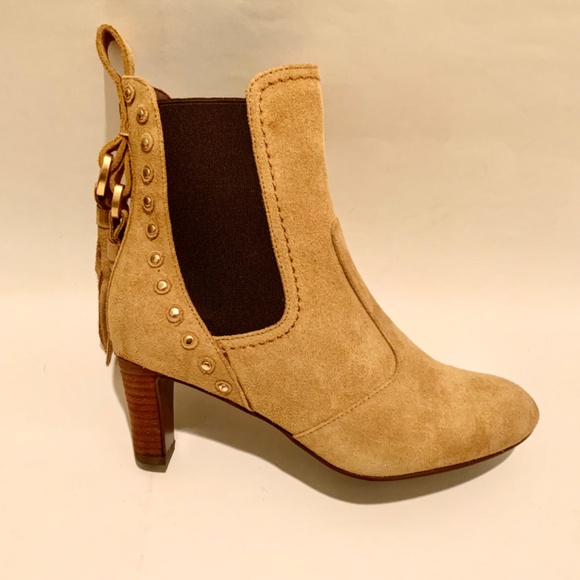 See by Chloé Medium Beige Tan Suede Tasseled Studded Bootie Nude Ankle Boot 36.5 - Picture 7 of 11